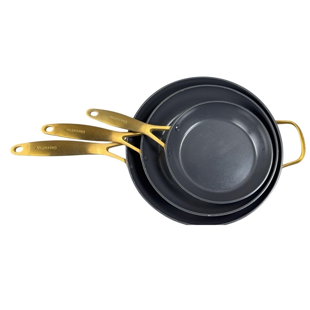 GreenPan‎ Ceramic Non-Stick Frying Pans Set of 3 Black Gold Handles Induction